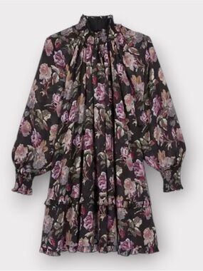 THE KOOPLES NWT English Roses Black Floral Ruffle Neck Dress with Purple Roses